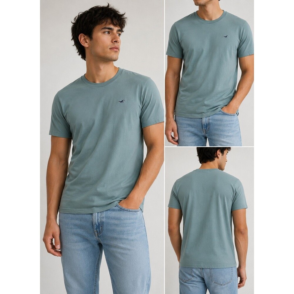 Hollister Men’s Sage Green Crew Neck T Shirt Short Sleeve Casual Logo Tee Size L